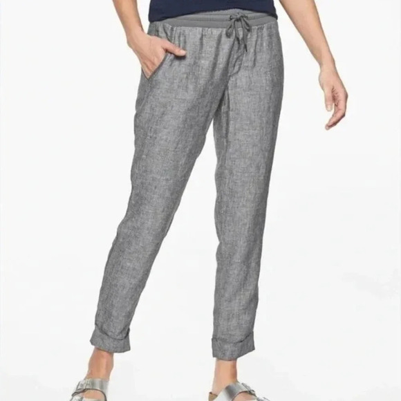 Athleta "Bali" Linen elastic Drawstring Chambray blue pants size 4 elastic waist - Picture 7 of 14